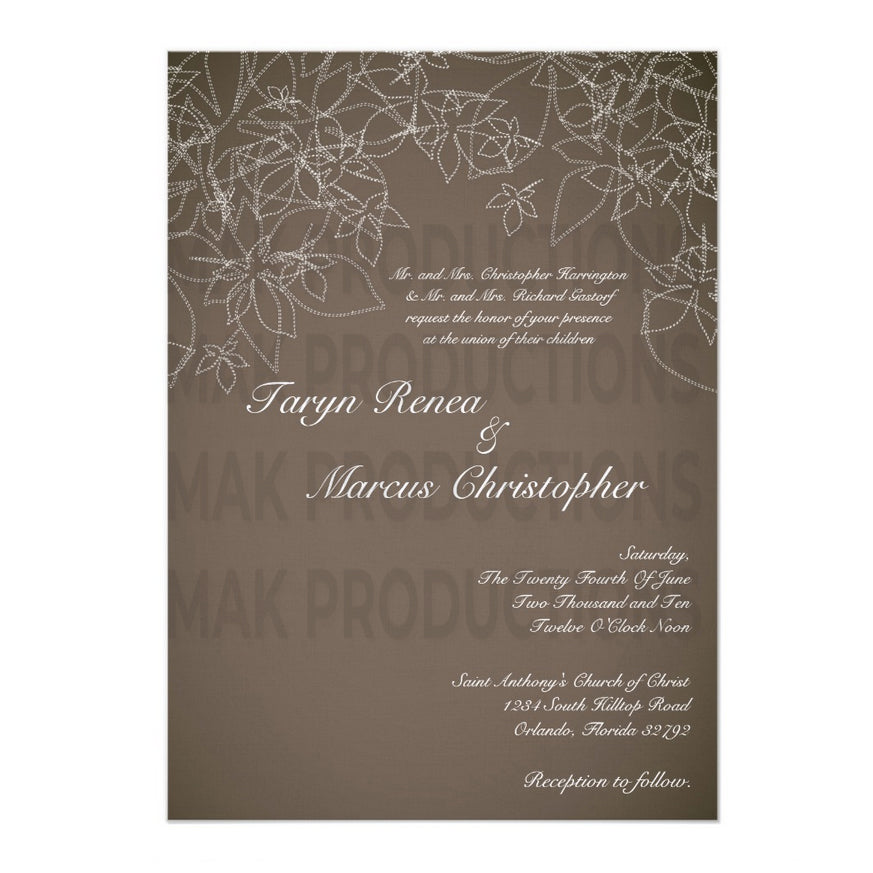 5x7 PRINTED Wedding Invitation - Brown and Brown Maple Leaves Dotted Lines Trees