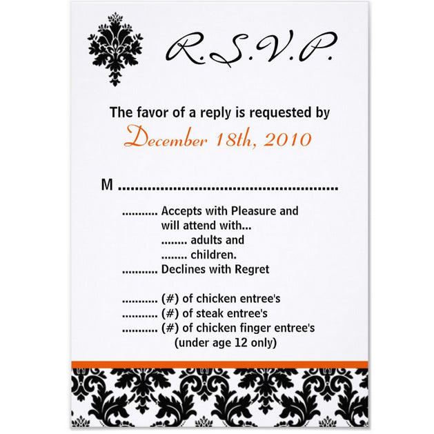 3.5x5 Vertical PRINTED Wedding R.S.V.P. Card - Black, White, and Red Elegant Floral Damask Tile Pattern