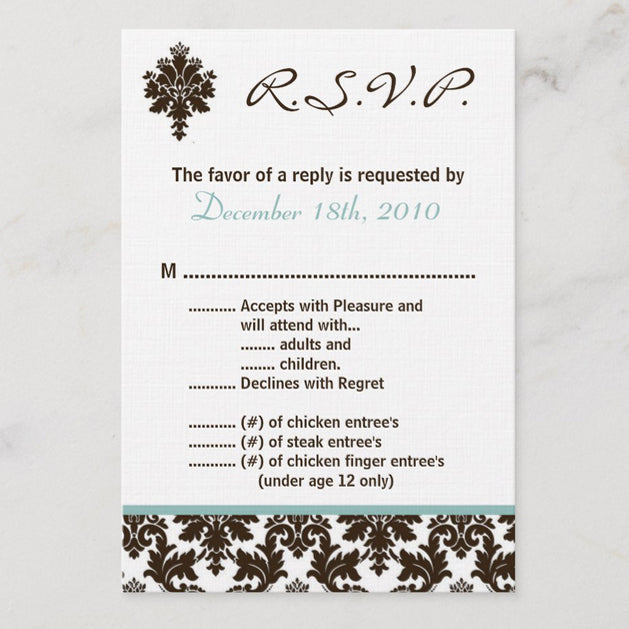 3.5x5 Vertical PRINTED Wedding R.S.V.P. Card - Black, White, and Blue Elegant Floral Damask Tile Pattern