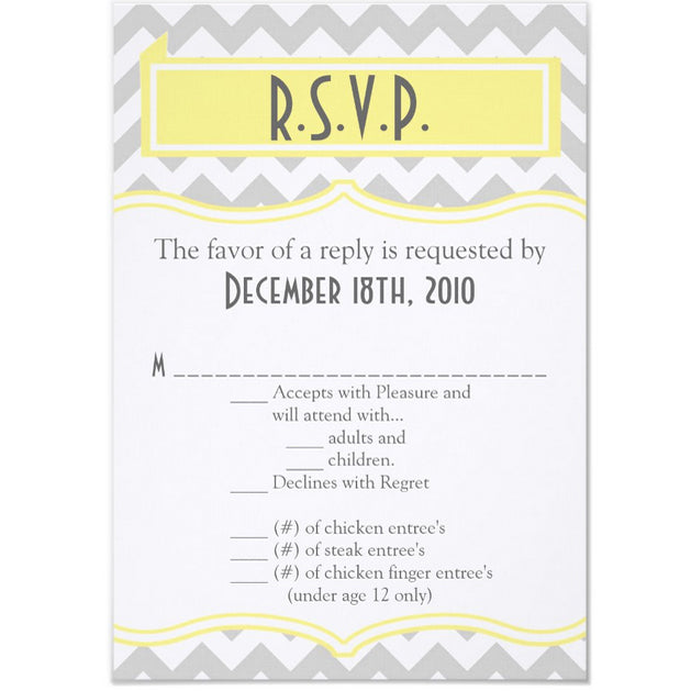 3.5x5 Vertical PRINTED Wedding R.S.V.P. Card - Light Gray, White, and Yellow Simple Zig Zag Pattern