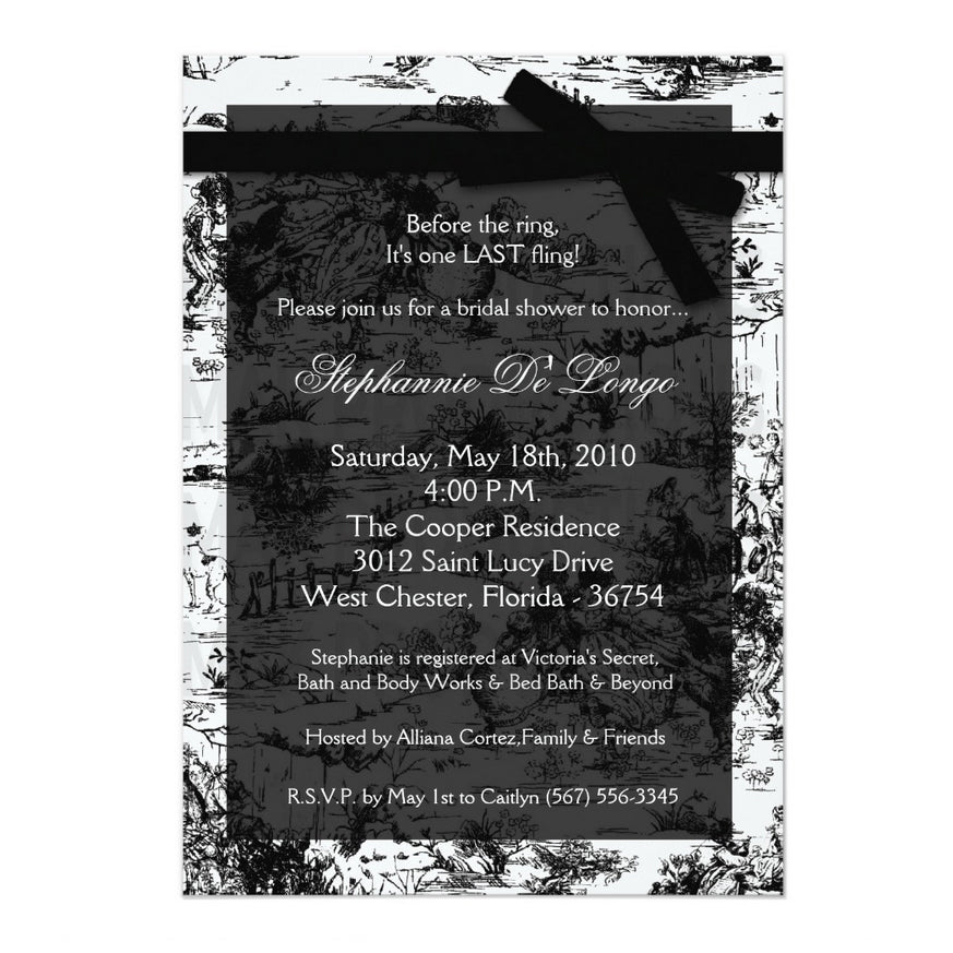 5x7 PRINTED Wedding Invitation - Black and White French Countryside Toile Pattern