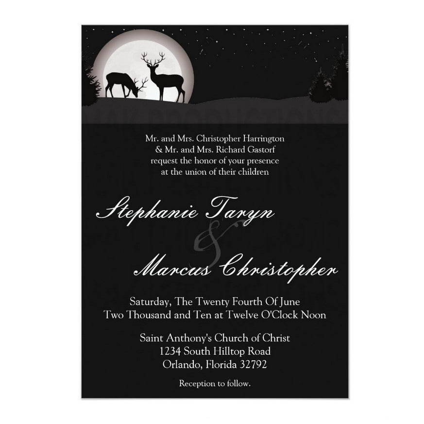 5x7 PRINTED Wedding Invitation - Night Deer Animals Couple Moon