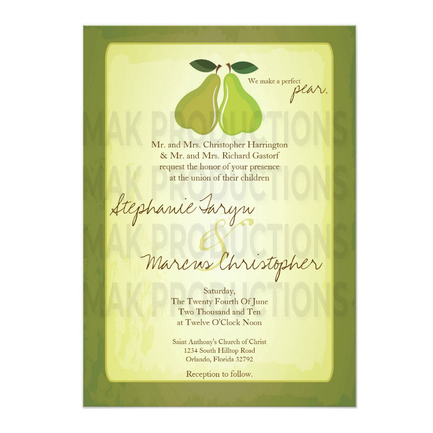 5x7 PRINTED Wedding Invitation - Green and Tan Couples Pears Fruit