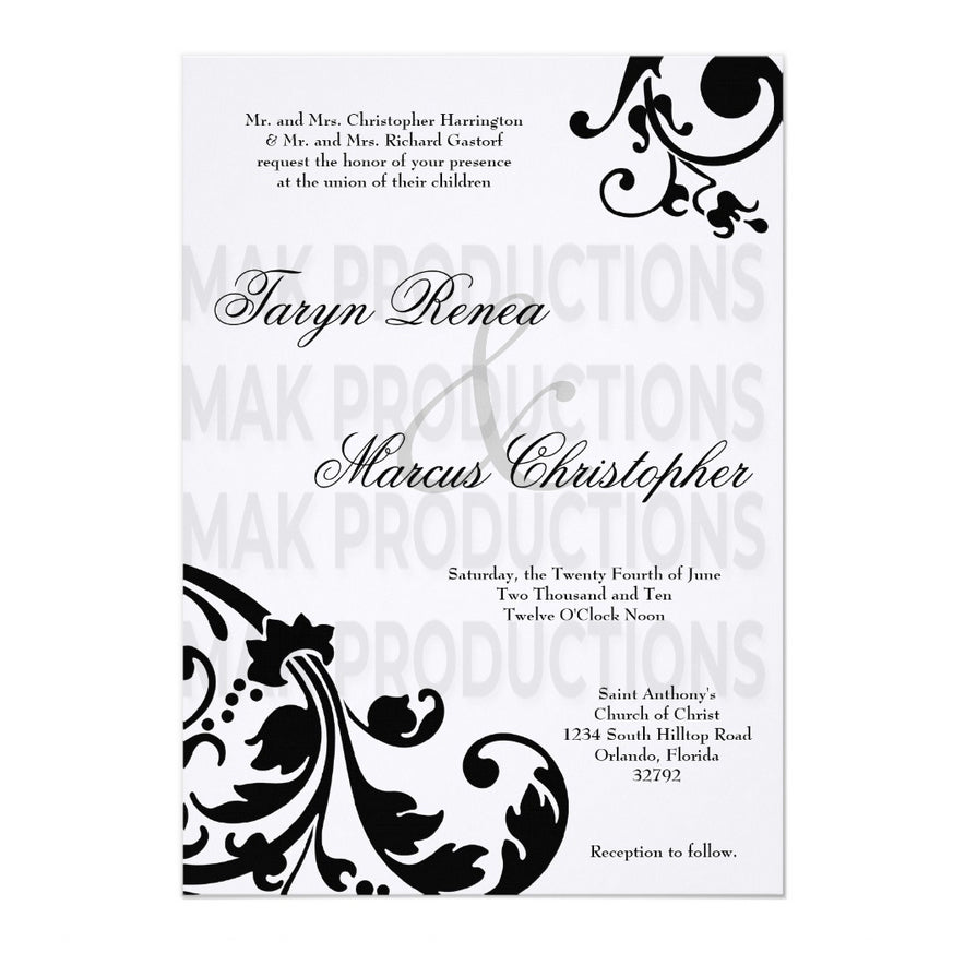 5x7 PRINTED Wedding Invitation - White and Black Filigree Floral Fancy