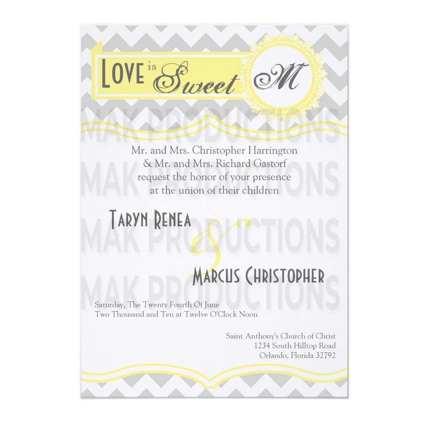 5x7 PRINTED Wedding Invitation - Light Gray, White, and Yellow Sweet Zig Zag Pattern Simple