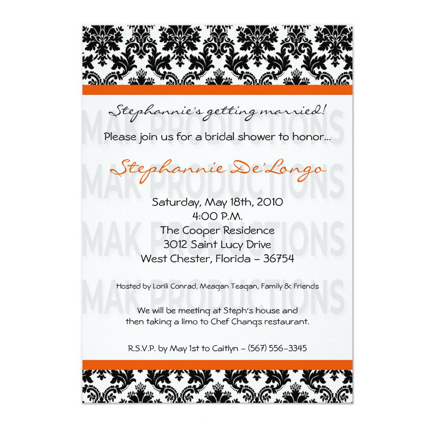 5x7 PRINTED Wedding Invitation - Black, White, and Orange Simple Damask Tile Pattern 003