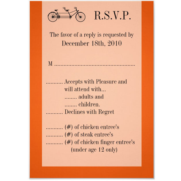 3.5x5 Vertical PRINTED Wedding R.S.V.P. Card - Orange and White Simplistic Couples Tandem Bicycle