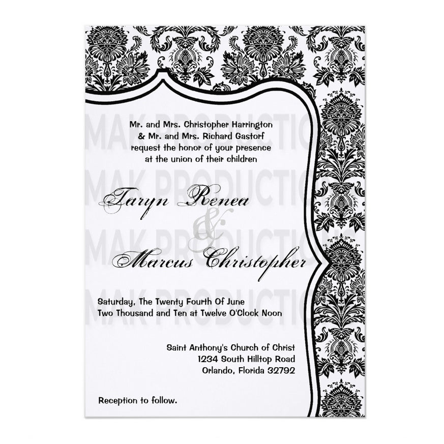 5x7 PRINTED Wedding Invitation - Black and White Simple Elegant Damask Tile Pattern