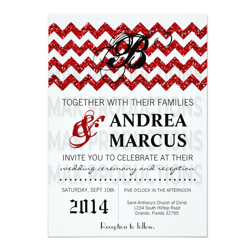 5x7 PRINTED Wedding Invitation - Red and White Glitter Zig Zag Pattern