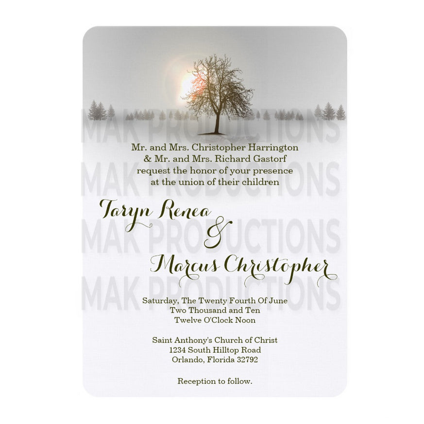 5x7 PRINTED Wedding Invitation - Gray and White Winter Snow Sunrise Sunset Tree Field