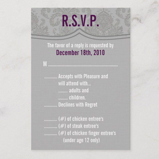 3.5x5 Vertical PRINTED Wedding R.S.V.P. Card - Gray and Purple Simple Elegant Damask Tile Pattern