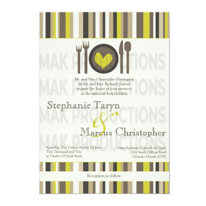 5x7 PRINTED Wedding Invitation - Neon Green, White, and Brown Dinner Meal Plate Utensils