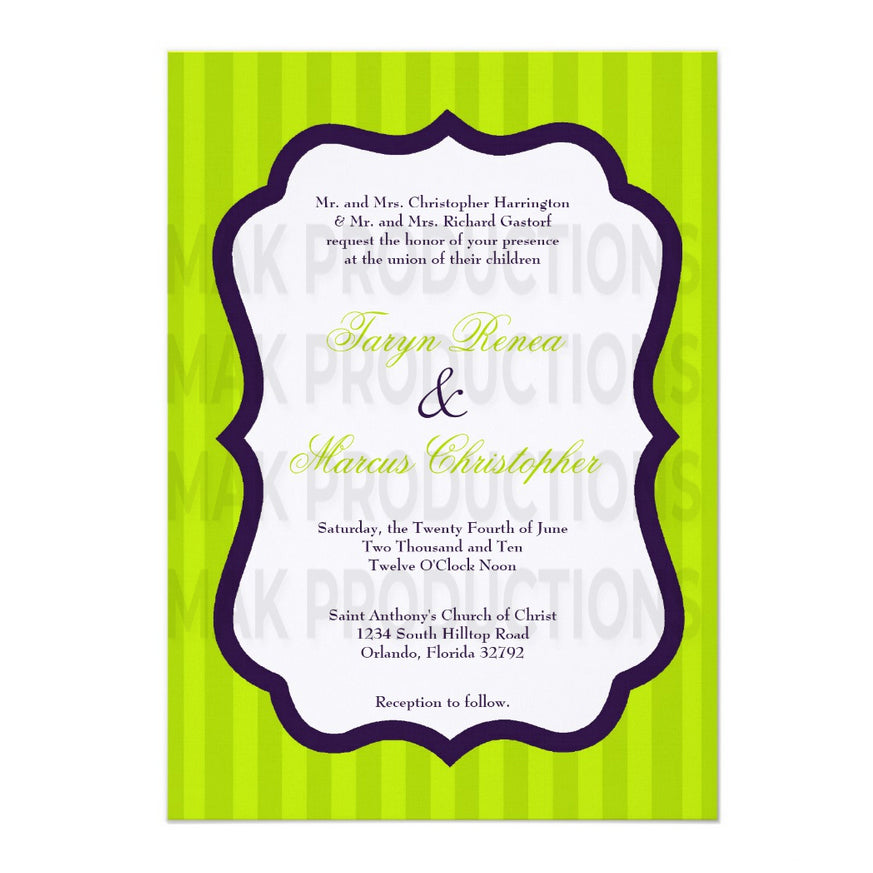 5x7 PRINTED Wedding Invitation - Neon Green, Black, and White Elegant Border Pin Stripe