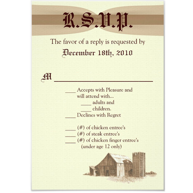 3.5x5 Vertical PRINTED Wedding R.S.V.P. Card - Tan and Brown Countryside Barn Farmhouse Shiloh