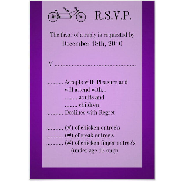 3.5x5 Vertical PRINTED Wedding R.S.V.P. Card - Purple and White Simplistic Couples Tandem Bicycle