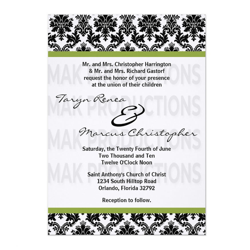 5x7 PRINTED Wedding Invitation - Black, White, and Green Simple Damask Tile Pattern 002