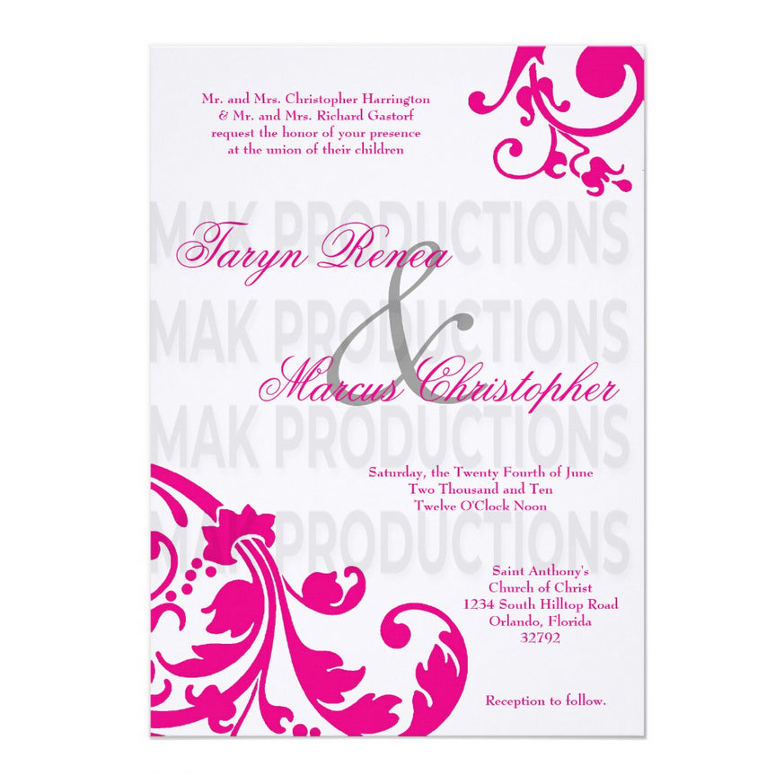 5x7 PRINTED Wedding Invitation - White and Hot Pink Filigree Floral Fancy