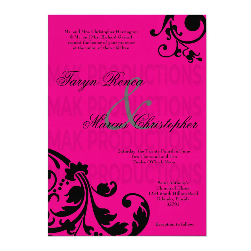 5x7 PRINTED Wedding Invitation - Hot Pink and Black Filigree Floral Fancy