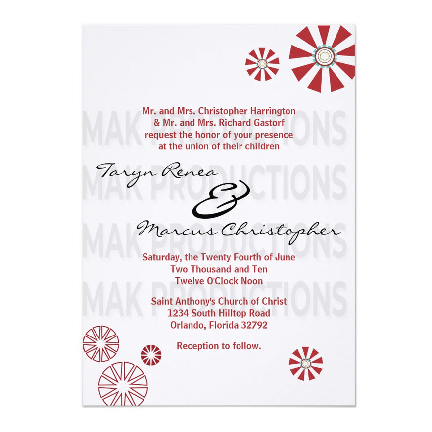 5x7 PRINTED Wedding Invitation - White, Red, and Green Simple Circles