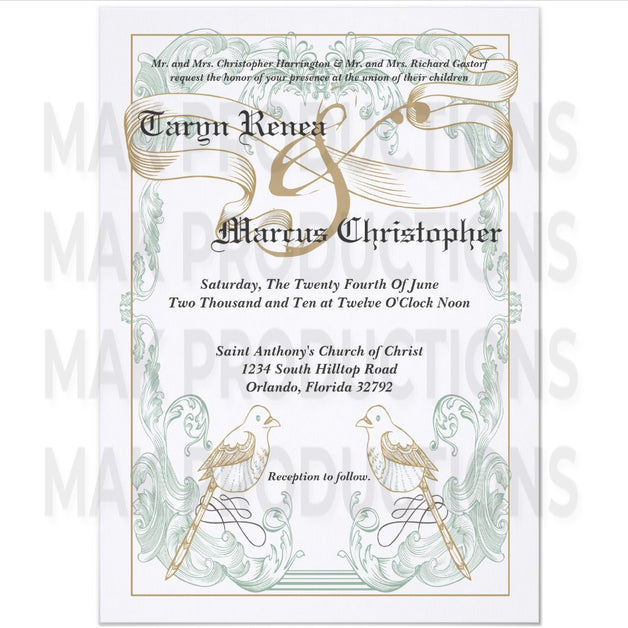 5x7 PRINTED Wedding Invitation - Blue and Gold Elegant Formal Couples Birds Toile