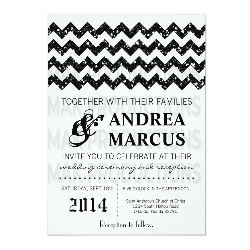 5x7 PRINTED Wedding Invitation - Black and White Glitter Zig Zag Pattern