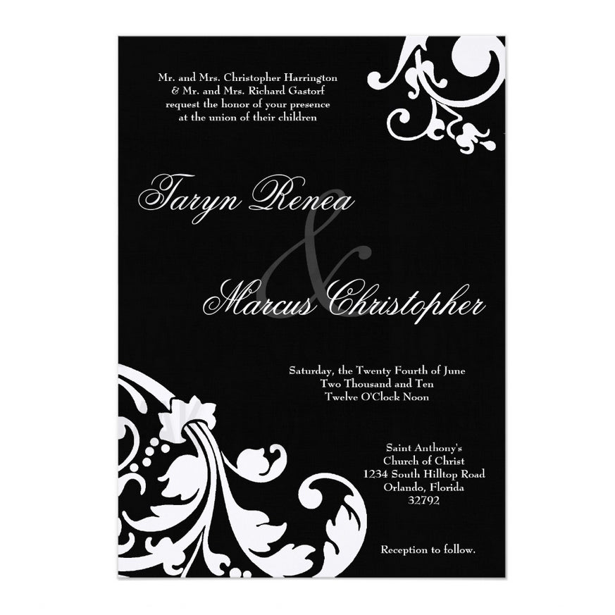 5x7 PRINTED Wedding Invitation - Black and White Filigree Floral Fancy