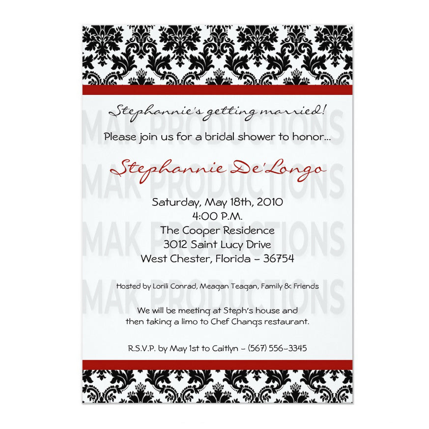 5x7 PRINTED Wedding Invitation - Black, White, and Red Simple Damask Tile Pattern 003