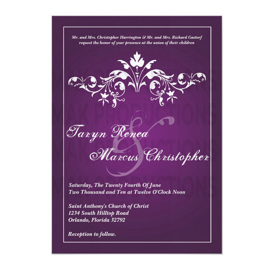 5x7 PRINTED Wedding Invitation - Purple and White Filigree Floral Fancy Elegant