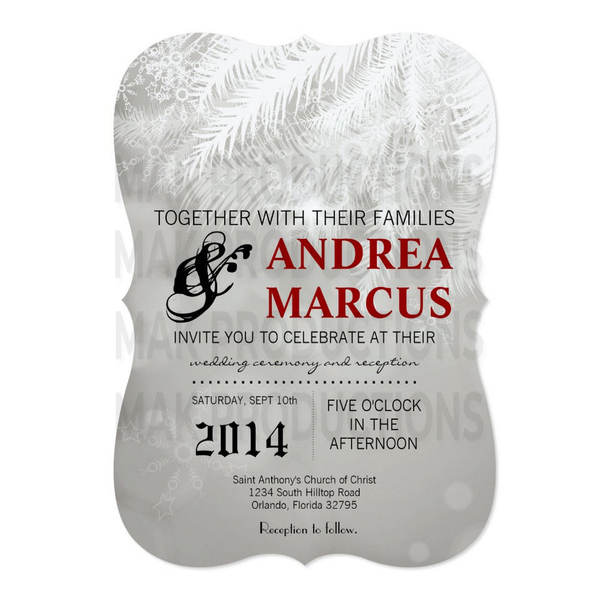 5x7 PRINTED Wedding Invitation - Gray and White Winter Snowflakes Shining Tree Leaves