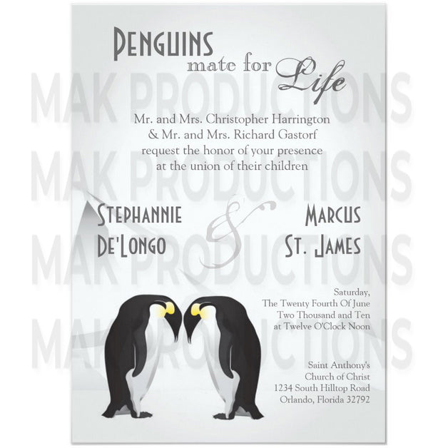 5x7 PRINTED Wedding Invitation - White and Black Simple Couples Penguins