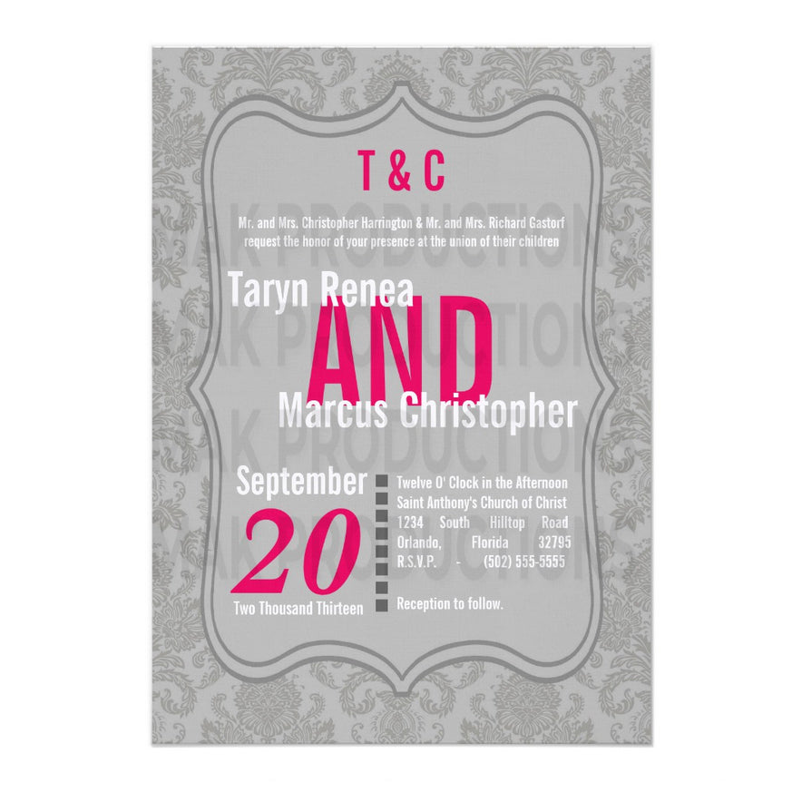 5x7 PRINTED Wedding Invitation - Light Gray and Pink Simple Elegant Damask Tile