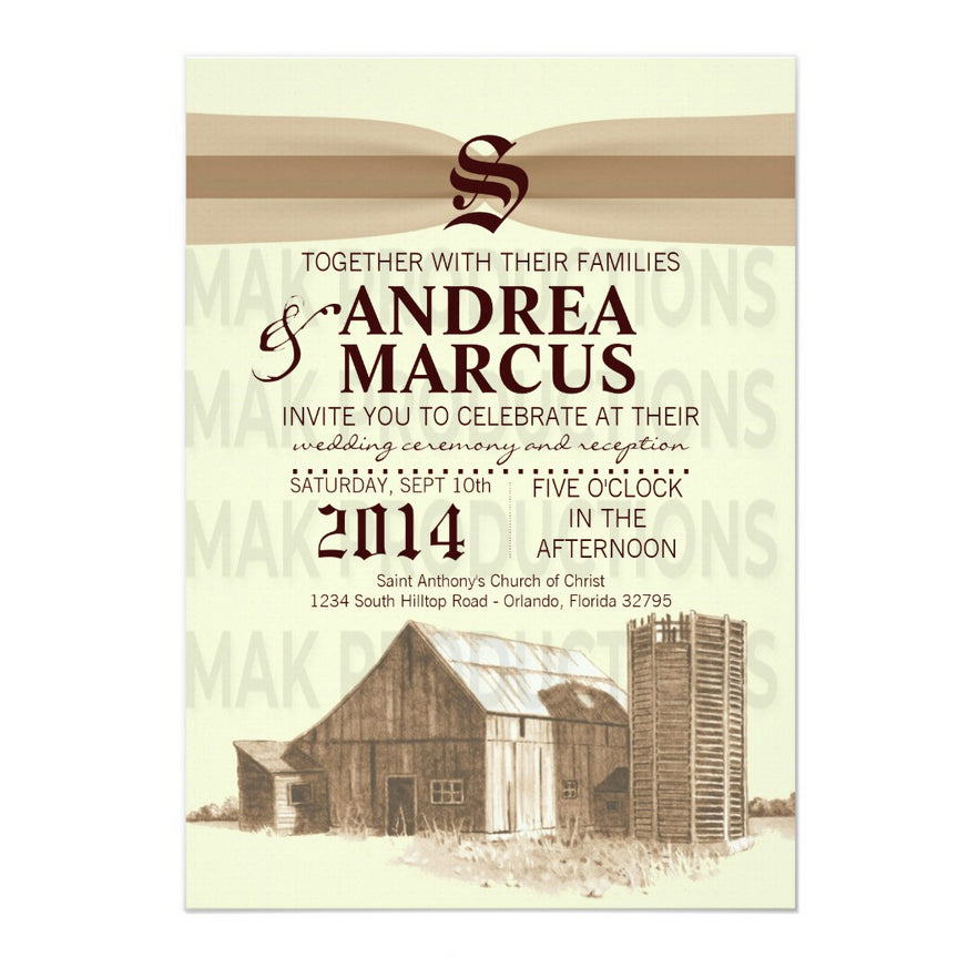 5x7 PRINTED Wedding Invitation - Brown and Tan Country Western Barn Vintage Old Timey