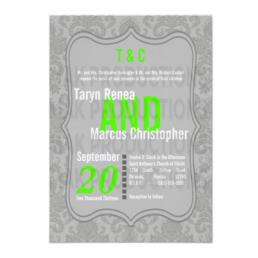 5x7 PRINTED Wedding Invitation - Light Gray and Neon Green Simple Elegant Damask Tile