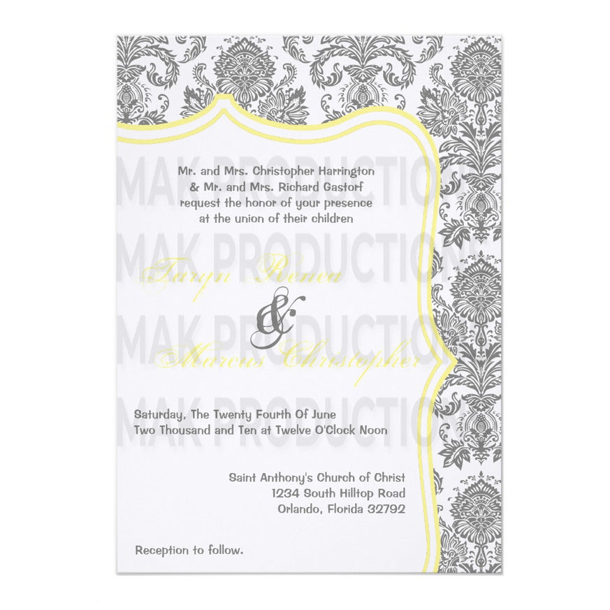 5x7 PRINTED Wedding Invitation - Gray, White, and Yellow Simple Elegant Damask Tile Pattern