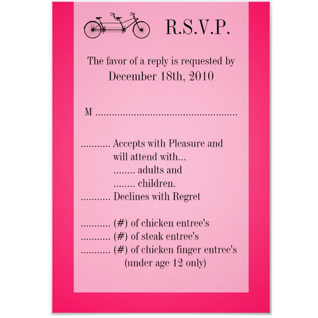 3.5x5 Vertical PRINTED Wedding R.S.V.P. Card - Pink and White Simplistic Couples Tandem Bicycle