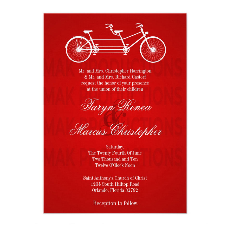 5x7 PRINTED Wedding Invitation - Red and White Tandem Couples Bicycle