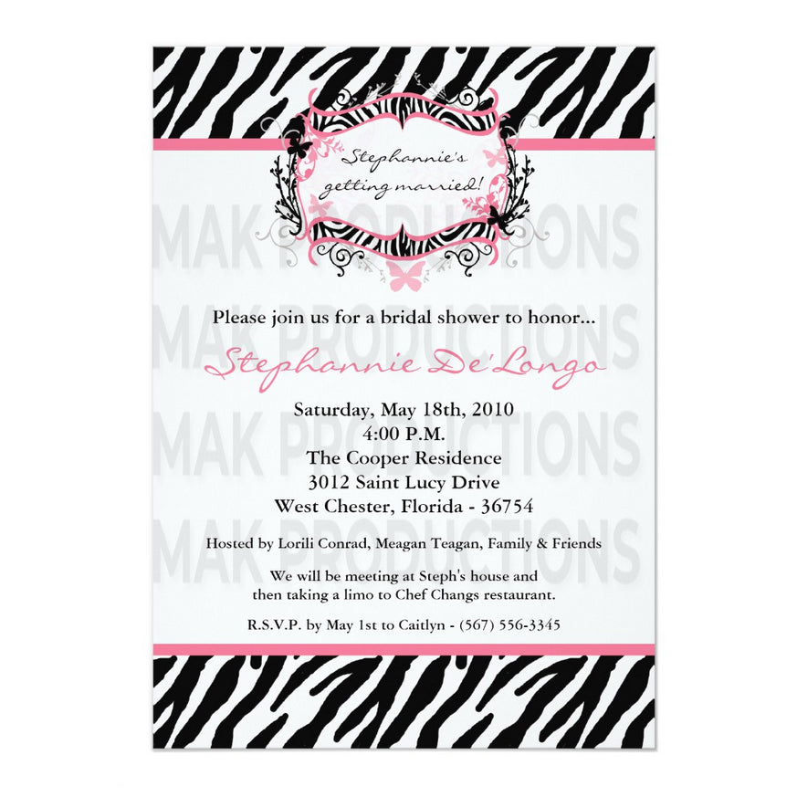 5x7 PRINTED Wedding Invitation - Black, White, and Pink Zebra Pattern Elegant