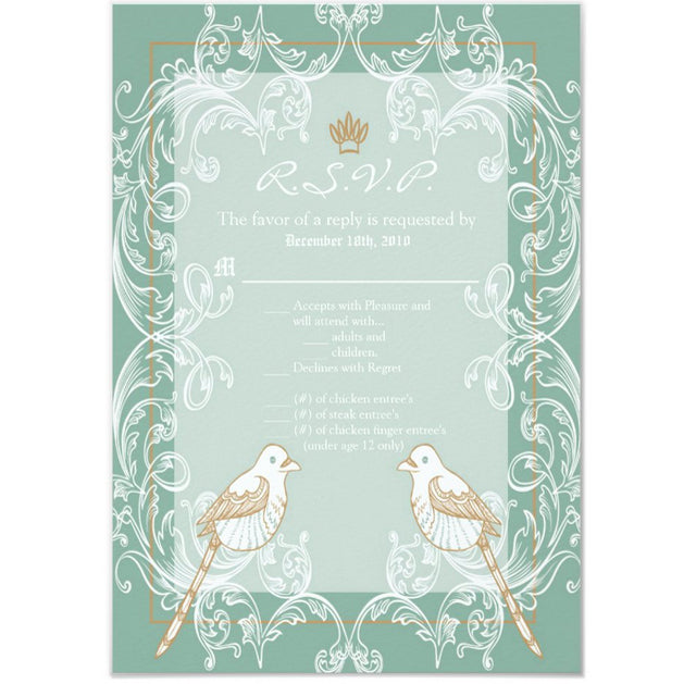 3.5x5 Vertical PRINTED Wedding R.S.V.P. Card - Teal and White Floral Filigree Couples Bird