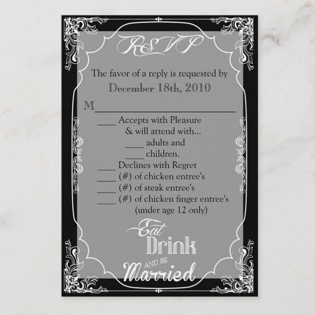 3.5x5 Vertical PRINTED Wedding R.S.V.P. Card - Black and White Floral Filigree Corners