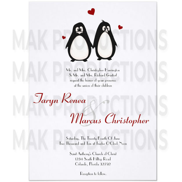 5x7 PRINTED Wedding Invitation - White and Black Simple Cartoony Couples Penguins