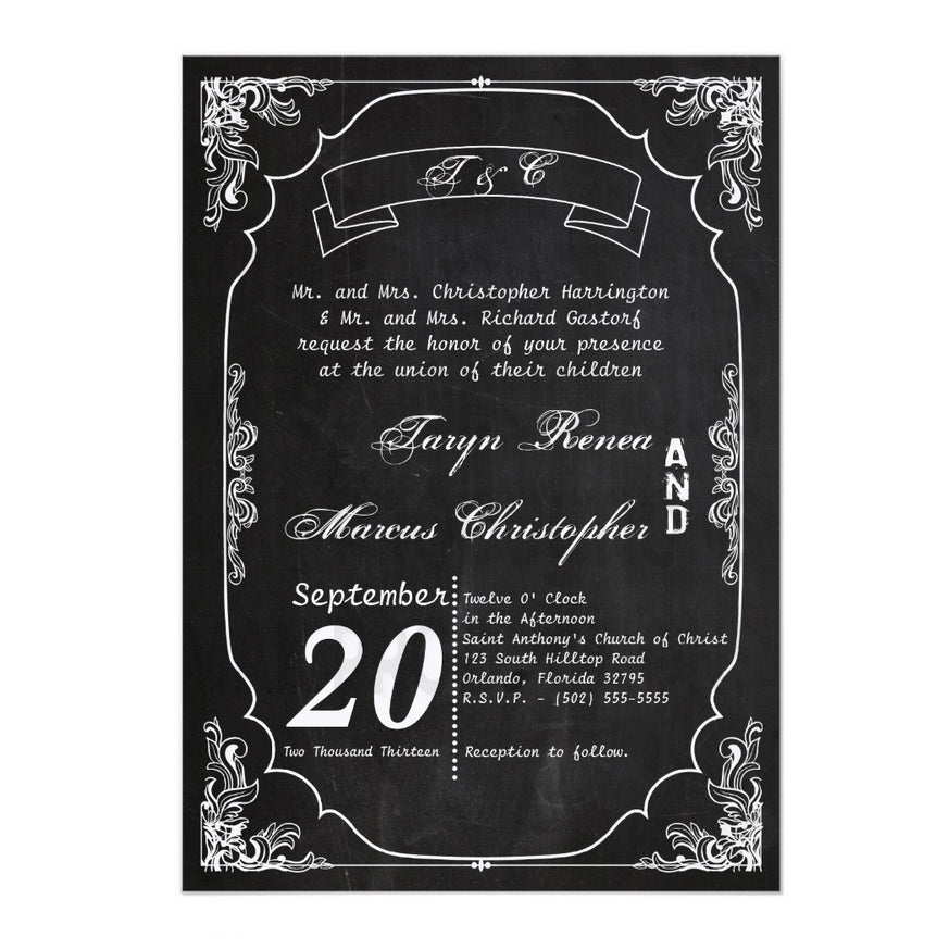 5x7 PRINTED Wedding Invitation - Black and White Elegant Filigree Border