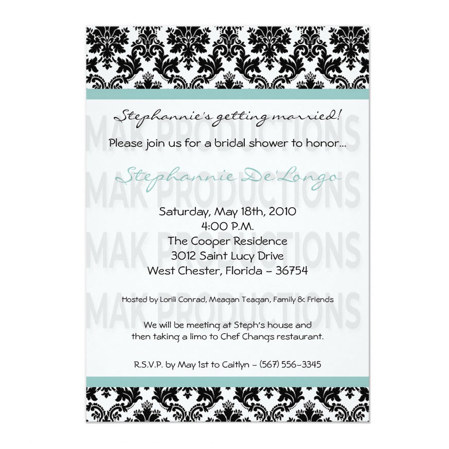 5x7 PRINTED Wedding Invitation - Black, White, and Light Blue Simple Damask Tile Pattern 003