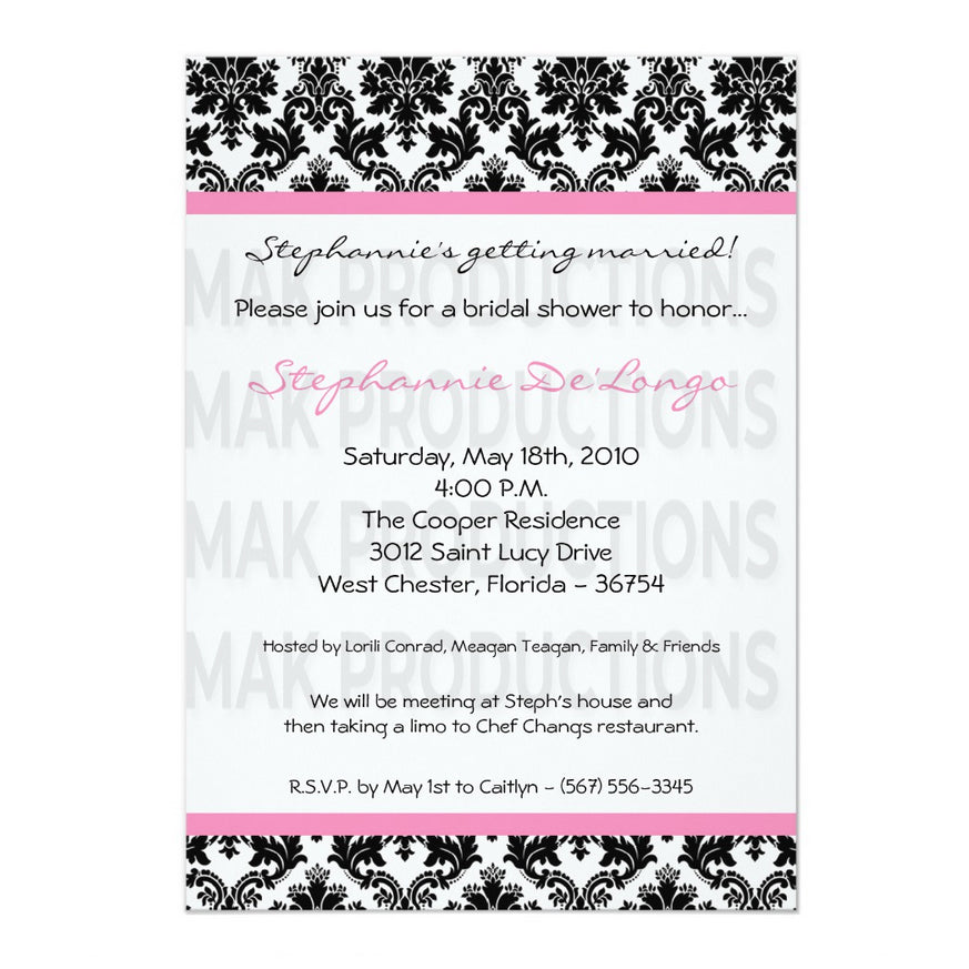 5x7 PRINTED Wedding Invitation - Black, White, and Light Pink Simple Damask Tile Pattern 003
