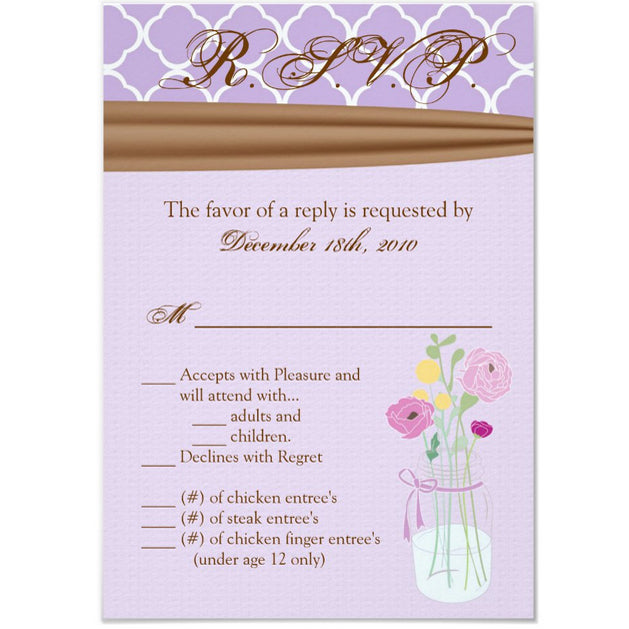 3.5x5 Vertical PRINTED Wedding R.S.V.P. Card - Pink and Brown Colorful Flowers Shelf Damask Tile Pattern