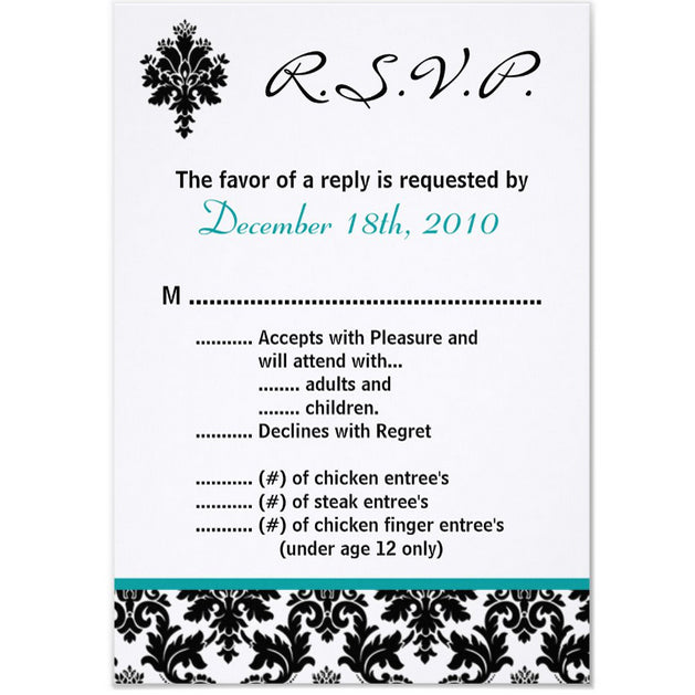 3.5x5 Vertical PRINTED Wedding R.S.V.P. Card - Black, White, and Teal Elegant Floral Damask Tile Pattern