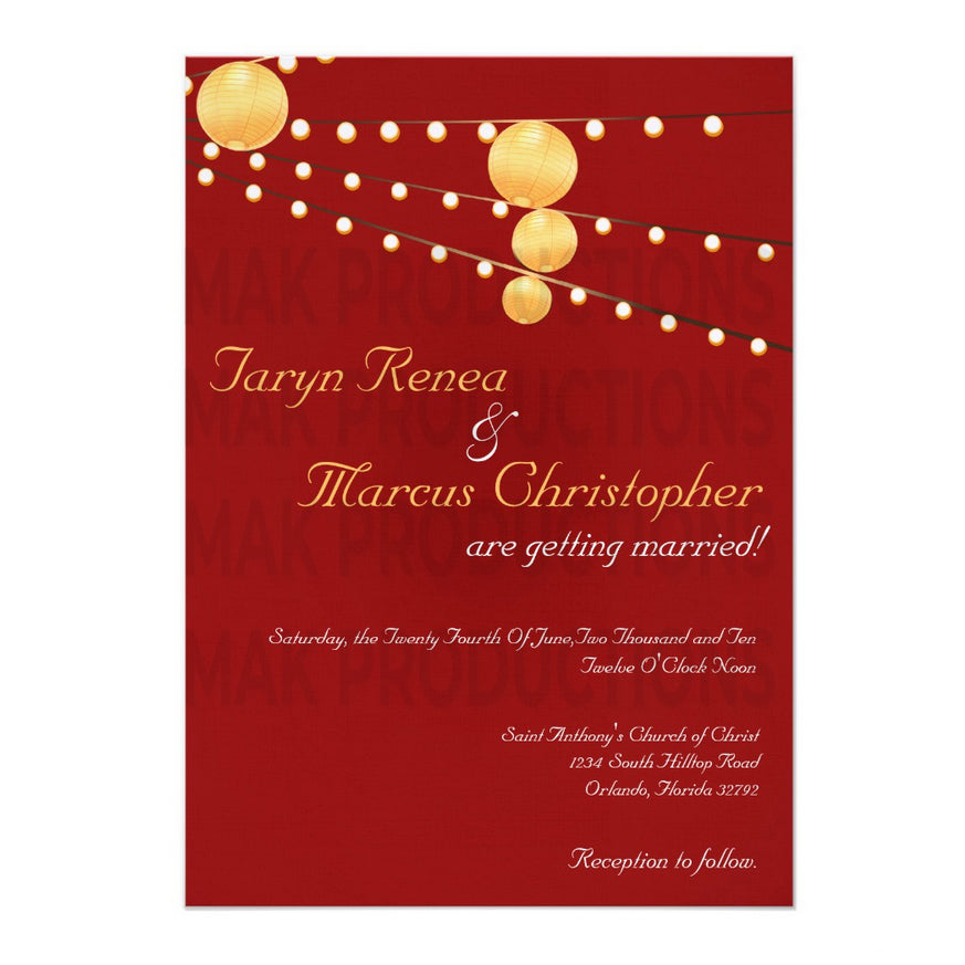 5x7 PRINTED Wedding Invitation - Red and Yellow Simple String Lights