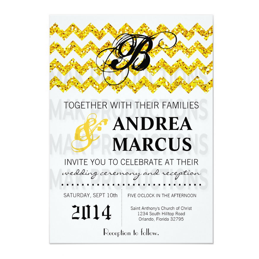 5x7 PRINTED Wedding Invitation - Yellow and White Glitter Zig Zag Pattern