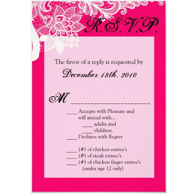 3.5x5 Vertical PRINTED Wedding R.S.V.P. Card - Neon Pink and White Floral Flower Filigre