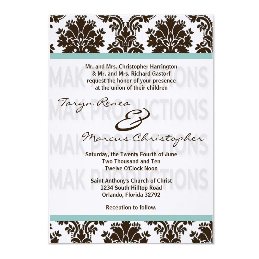 5x7 PRINTED Wedding Invitation - Black, White, and Light Blue Simple Damask Tile Pattern 002
