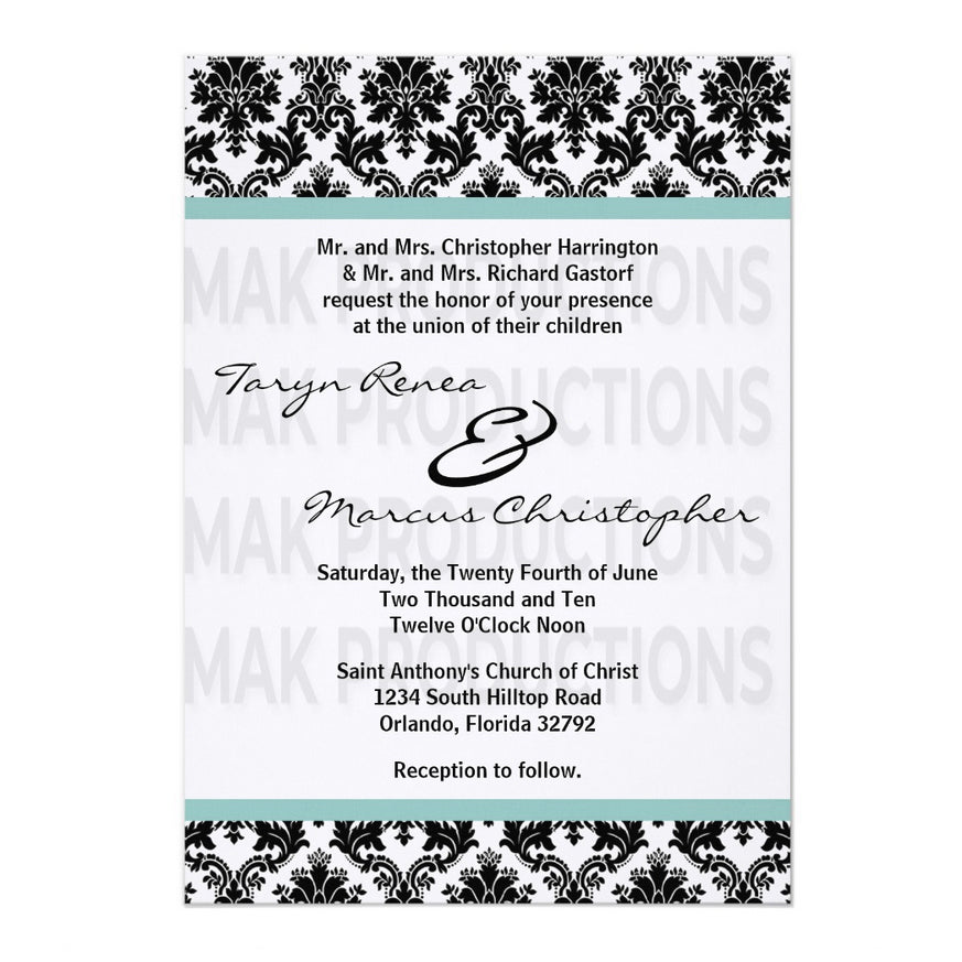 5x7 PRINTED Wedding Invitation - Black, White, and Blue Simple Damask Tile Pattern